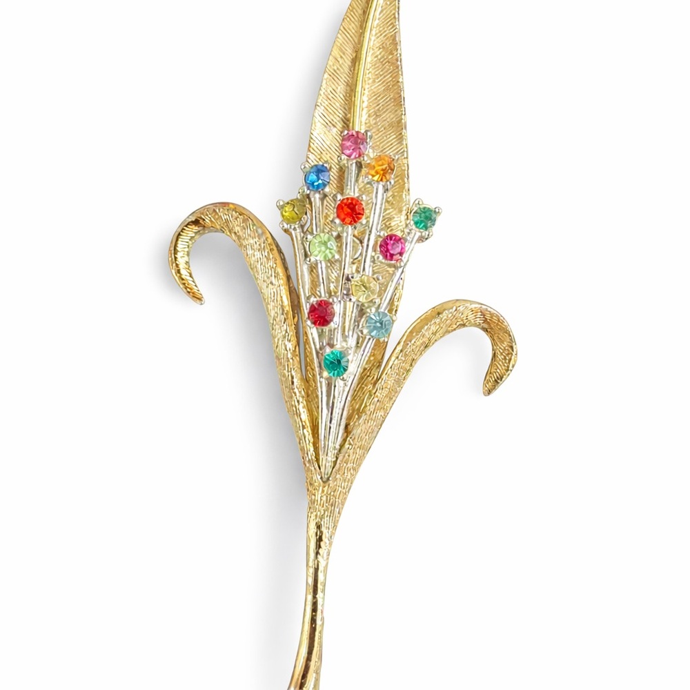 Vintage Signed Lisner Multicolor Rhinestone Floral Spray Brooch Gold Tone